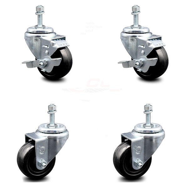Service Caster 3 Inch Hard Rubber Wheel Swivel 3/8 Inch Threaded Stem Caster Brakes SCC, 2PK SCC-TS20S314-HRS-381615-2-TLB-2 - main